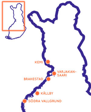 Genom att klicka på kartan kommer du till en Google Maps-karta, där du kan se alla Egenland-resmål. Karta över nordvästra Finland med fem orter utprickade.