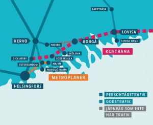 De streckade linjerna visar visioner över järnvägslinjer. karta över visioner på järnvägsförbindelser