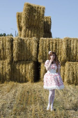 Det finns faktiskt en understil till Lolita som kallas country, men trots höbalarna skulle vi nog kalla den här stilen för sweet. En kvinna klädd i så kallade Lolitakläder - en fluffig vit och rosa klänning med spetsar på. Hon har vita högklackade skor och blommor i håret. Hon står framför en massa höbalar.
