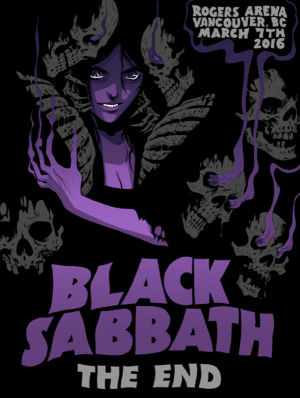 Sarjakuvataiteilija Becky Cloonanin piirtämä Black Sabbath -yhtyeen keikkajuliste. 