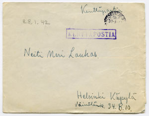 Kenttäpostia Vekeltä tammikuussa 1942. Veke ei saa kertoa sijoituspaikkaansa, mutta hän on päätynyt radistikurssille ja on ylennetty ryhmänjohtajaksi. Merille osoitettu kirje tammikuulta 1942.