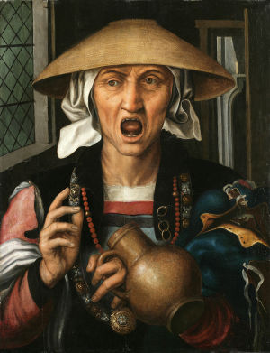 Hog igenkänningsfaktor i Pieter Huys (ca1519 – ca1584) målning "Den rasande kvinnan". Målningen "Woman enraged" av den holländske konstnären Pieter Huys ca 1570.