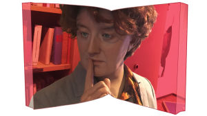 Shhh, sanoo kirjastotäti. Kuvituskuva kirjastoja käsittelevään artikkeliin.