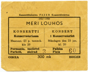 konserttilippu Meri Louhoksen ensikonserttiin 23.1.1956.