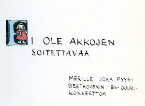 Meri Louhoksen piirros Ernst Lingon juhlavihkoon Takiaisia 14.7.1959.