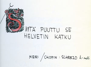 Meri Louhoksen piirros Ernst Lingon juhlavihkoon Takiaisia 14.7.1959.