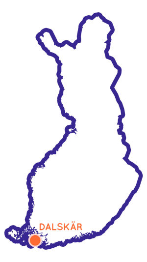 Suomen kartta, jossa Dalskär-saari merkittynä pisteellä.