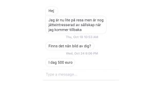 Mannen är redo att betala 500 euro om flickan kan träffas i dag. Foto: Skärmdump från diskussion på Kik. Texten är översatt från finska till svenska. En man bjuder 500 euro i en Jodel-diskussion om flickan har tid för att träffas i dag.