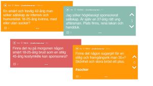 På Jodel kan man hitta många annonser för just sockerdejtning. Foto: Skärmdump. Texten är översatt från finska till svenska. På Jodel kan man hitta många annonser för just sockerdejting.