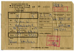 Merin makuupaikkalippu Wienistä Kööpenhaminaan 1959. Makuupaikkalippu junaan 1959.