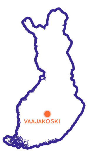 Suomen kartta, keskellä oranssi piste, jonka vierellä teksti Vaajakoski.