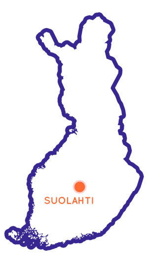 Karta över Finland; på mitten en orange boll med texten SUOLAHTI.
