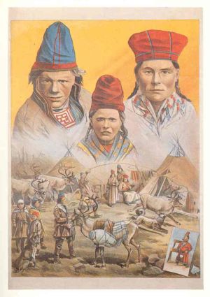Affisch som illustrerar en utställning med samer arrangerad av Carl Hagenbeck i Hamburg-St Pauli från 1893/94.