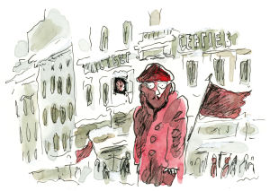Akvarellimaalaus. Mies seisoo kylmissään kadulla ja tuijottaa ilmeettömänä.