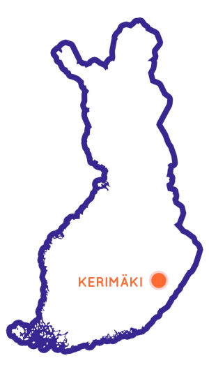 Genom att klicka på bilden kommer du till en karta där du kan se alla Egenlands resmål. Finlands karta med en orange prick, intill den texten Kerimäki.