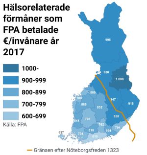 Grafik som illustrerar + hälsorelaterade förmåner som FPA betalade €/invånare år 2017.