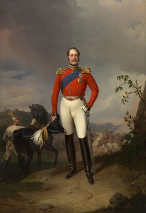 Drottning Victorias kommentarer under Nikolaj I:s besök i Storbritannien (1844) gjorde klart att hon beundrade kejsarens fysik. Möjligtvis uppfattade han det och lät därför Franz Krüger måla detta porträtt som han skänkte sin gästgivare. Drottning Victorias kommentarer under Nikolaj I:s besök i Storbritannien (1844) gjorde klart att hon beundrade kejsarens fysik. Möjligtvis uppfattade han det och lät därför Franz Krüger måla detta porträtt som han skänkte sin gästgivare.