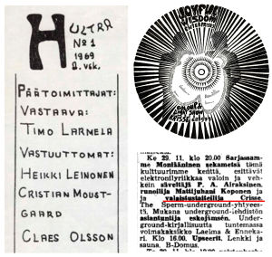 Osa Ultra 1/1969:n "apinalaatikosta", valoshow'n logo (piirros Timo Aarniala) ja Ylioppilaslehden ilmoitus marraskuulta 1967. Ultra-lehden 1/1969 toimituskunnan kokoonpano