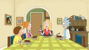 Rick and Morty -sarjan ydinperhe. Kuvituskuva Rick and Morty -sarjasta.