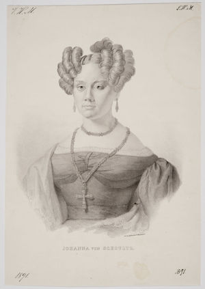 Tuntemattoman tekijän litografia Johanna von Schoultzista 1830-luvulta.