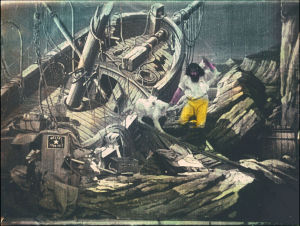 År 1902 spelade Georges Méliès in stumfilmen "Les aventures de Robinson Crusoë" med sig själv i huvudrollen. En bild ur Georges Méliès filmatisering av Robinson Crusoe från år 1902.