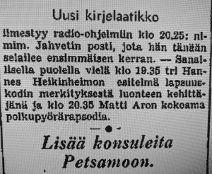 Helsingin Sanomat kertoi Jahvetin kirjelaatikon avautumisesta 23.8.1940. Ilmoitus Jahvetin kirjelaatikon alkamisesta 23.8.1940.