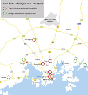 Karta på nuvarande och planerade laddningsstationer för elbussar.