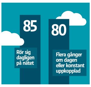 85% rör sig dagligen på nätet. 80% flera gånger om dagen eller är konstant uppkopplade.