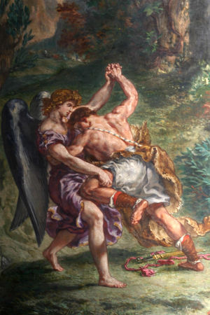 Detalj ur Eugène Delacroix målning "Jakob brottas med ängeln". Målningen Jakob brottas med ängeln av Eugène Delacroix.