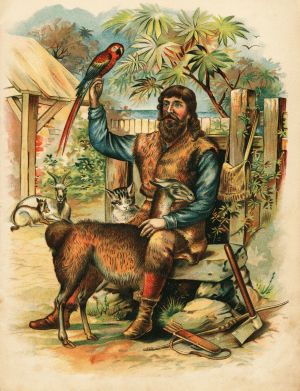 Illustration av Robinson Crusoe ur en fransk upplaga, okänd konstnär.