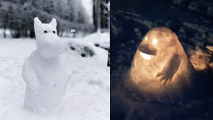 Fanien taideteokset, kollaasi/Yle Muumipeikko ja Mörkö lumihahmoina.
