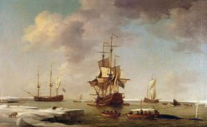 De brittiska fartygen utforskade världshaven. Målning av Charles Brooking (1723-59). Marinmålning av den brittiska målaren Charles Brooking.