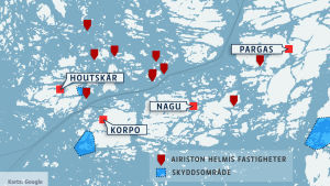 Karta på Airiston Helmis fastigheter och försvarsmaktens skyddsområde.