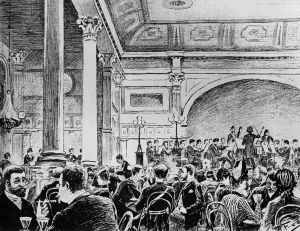 A. Federleyn piirros Robert Kajanuksesta johtamassa Helsingin Orkesteriyhdistyksen orkesteria Seurahuoneen populaarikonsertissa 1888. Helsingin kaupunginorkesteri soittaa Seurahuoneella 1888.