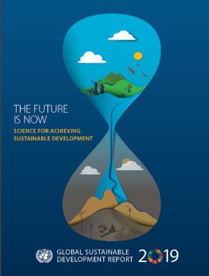 Pärmbilden för rapporten. Global Sustainable Development Report 2019