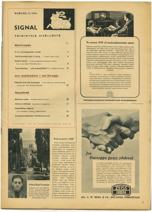 Lehden sisäsivu. Alavasemmalla juttu yhdysvaltalaisesta lentäjästä, yläoikealla mainos televisiotekniikasta. Kuva Signaalin sisällysluettelosta 1944.