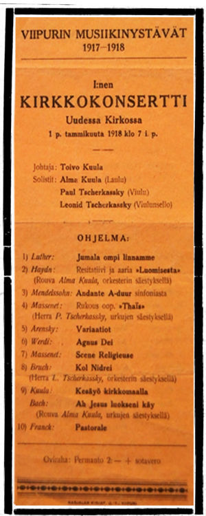 Viipurin Musiikin Ystäväin Orkesterin konserttiohjelma  tammikuussa 1918.