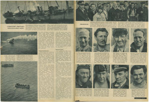 Pelastetut!-artikkeli syyskuun toisesta Signaali-lehdestä vuodelta 1942. Aukeama, jossa näkyy yhdysvaltalaisia merimiehiä. Artikkelin nimi on "Pelastetut!"