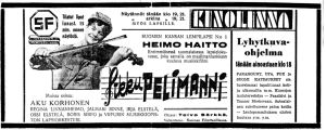 Heimo Haiton tähdittämä Pikku pelimanni -elokuva nähtiin 12. marraskuuta 1939 yhtä aikaa kymmenessä kaupungissa. Heimo esitti elokuvassa itseään ja mukana olivat erittäin taitavat Viipurin Musiikkiopiston oppilaat. Viipurissa elokuvan näyttämönä oli Kinolinna. Pikku Pelimanni -elokuvan mainos.