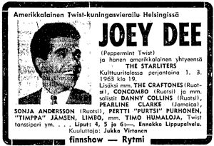 Konsertti-ilmoitus Helsingin Sanomissa 24.2.1963. Ilmoitus Joey Dee and The Starlitersin konsertista Kulttuuritalolla Helsingin Sanomissa 1963.