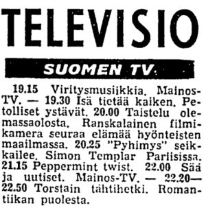 Suomen Television päivän ohjelmatiedot Helsingin Sanomissa 8.8.1963. Suomen tv:n päivän ohjelma Helsingin Sanomissa 8.8.1963, ohjelmassa mukana Peppermint Twist.