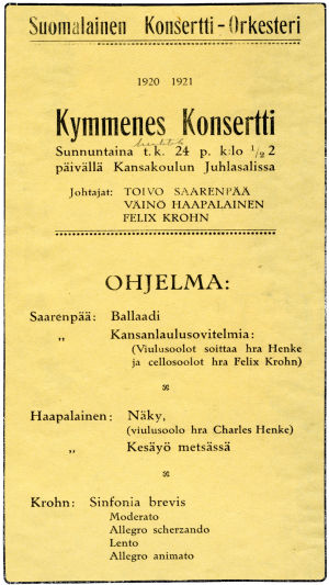 Suomalaisen Konsertti-Orkesterin 10. konsertti huhtikuussa 1921.
