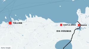 Kohtla-Järve och Narva ligger i landskapet Ida-Virumaa. En karta som visar var Narva, Kohtla-Järve och Tallinn ligger.