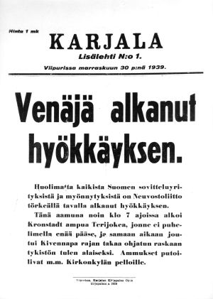 Karjala-lehden lisälehti, julkaistu Viipurissa 30.11.1939. Kuva: Auvo Nuotio Karjala-lehden kansi 30.11.1939.