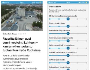 Uutisvahti-sovelluksessa käyttäjä voi itse lisätä tai vähentää eri aiheiden painotuksia, joka vaikuttaa hänelle suositeltaviin sisältöihin. Kuvakaappaus miten Yle Uutisvahti -sovelluksessa vo painottaa eri aiheita.