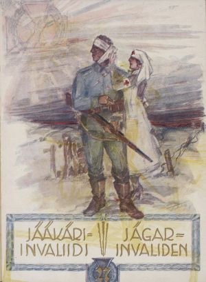 Jääkäriinvaliidi/Jägarinvaliden var en jultidning som utkom en gång per år under tidsperioden 1928-39. Annons- och försäljningsintäkterna gick till att hjälpa invalidiserade jägare. Pärmbild från år 1928. Pärmen till tidskriften Jääkäri-invaliidi Jägar-invaliden år 1928.