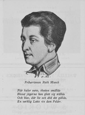 Hyllningsdikt till Ruth Munck som ingick i tidningen "Jul-Lottan" år 1927. Teckning av Ruth Munck i tidskriften Jul-Lotta år 1927.