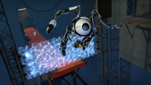 Portal 2 -ongelmanratkaisupeli julkaistiin 2011. Vuosi sen julkaisun jälkeen kerrottiin, että neljä miljoonaa ihmistä oli ostanut pelin. Kuva Portal 2 -pelistä, jossa robotti hyppää ilmaan.