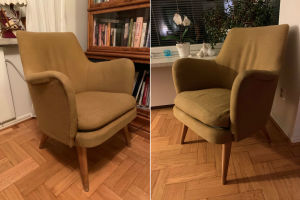En kompis till den här länstolen efterlyses. En fåtölj fotograferad ur två olika vinklar.