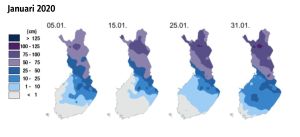 Snödjupet i Finland i januari. En bild som visar snödjupet i Finland under januari.